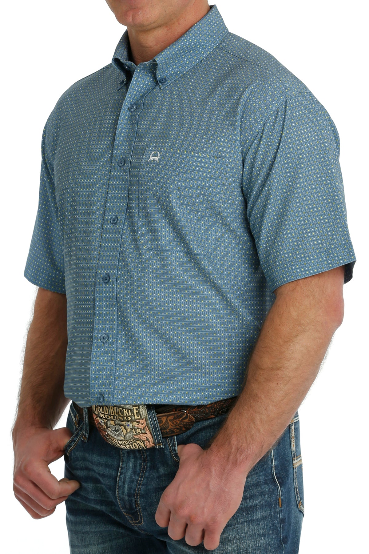 Cinch Men's ARENAFLEX Short Sleeve Button Down Shirt - Blue Geometric Print
