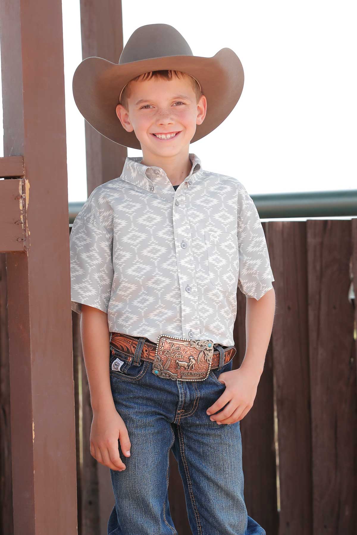 CINCH Boys Short Sleeve Button Down - Grey/White