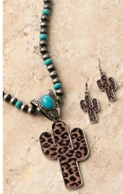 Silver Strike Silver and Turquoise Beads w/ Cheetah Print Cactus Necklace & Earring Set