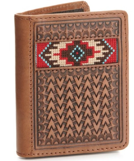 ARIAT Brown Basketweave w/ Aztec Embroidery Tri-Fold Flip Case Wallet