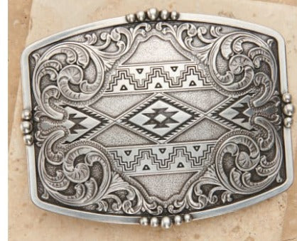 Nocona Belt Co. Silver Rectangular Aztec & Scrolling Belt Buckle