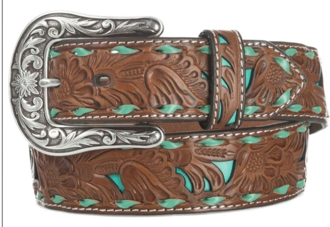 Nocona Belt Co. Women's Brown Embossed w/ Turquoise Inlay Belt