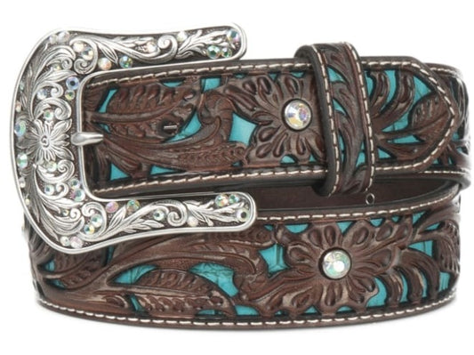 ARIAT Women's Brown Tooled w/ Turquoise Inlay & Silver Buckle Leather Belt