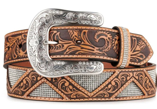 Angel Ranch Women's Tan & Brown Floral Tooled Leather w/ Crystal Bling Western Belt