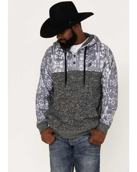 Hooey Men's Heathered Southwestern Print 1/4 Button Down Hooded Pullover